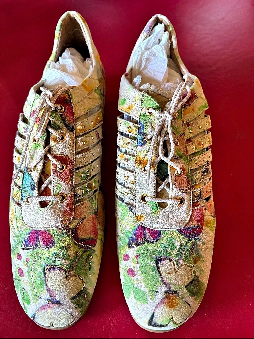 Stuart Weitzman Floral Butterfly Print Studded Lace-Up Oxford Flats